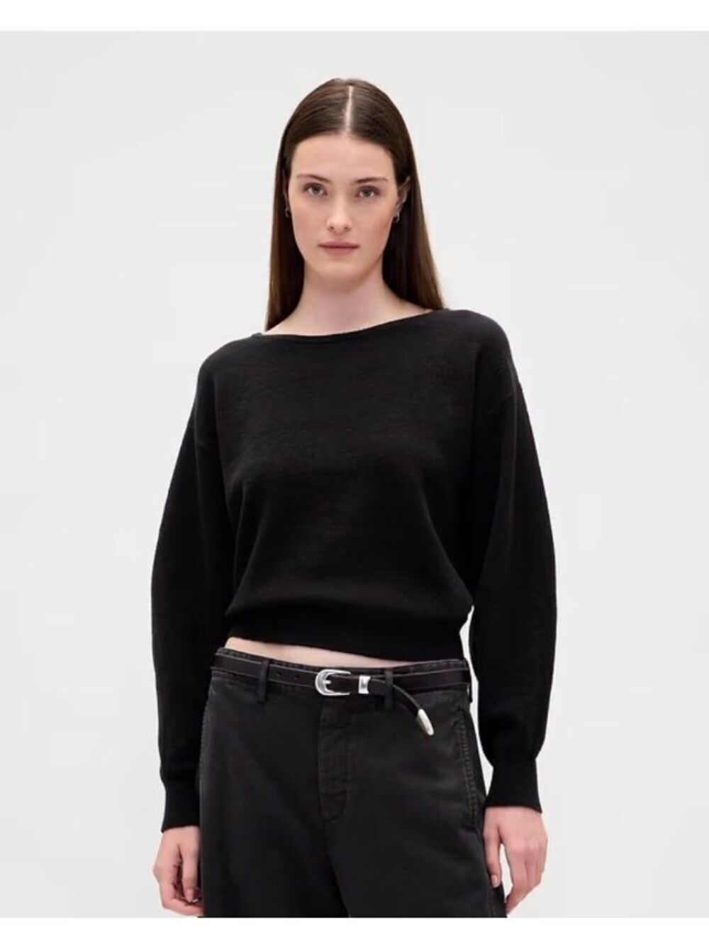 Gap CashSoft Stretch Lantern-Sleeve Crop Sweater Black ST